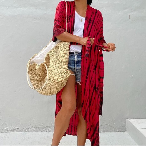 Red Tie Dye Boho Swim Coverup Kimono Robe - Picture 2 of 7